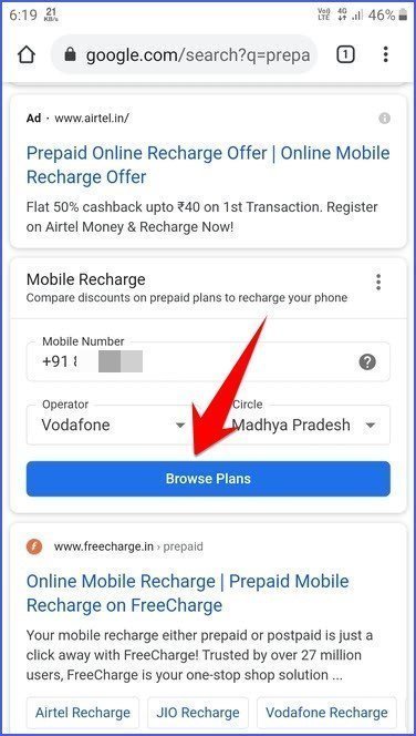 Browse plans in Google Search Results - How to use Google Search to Recharge your Prepaid Mobile Number