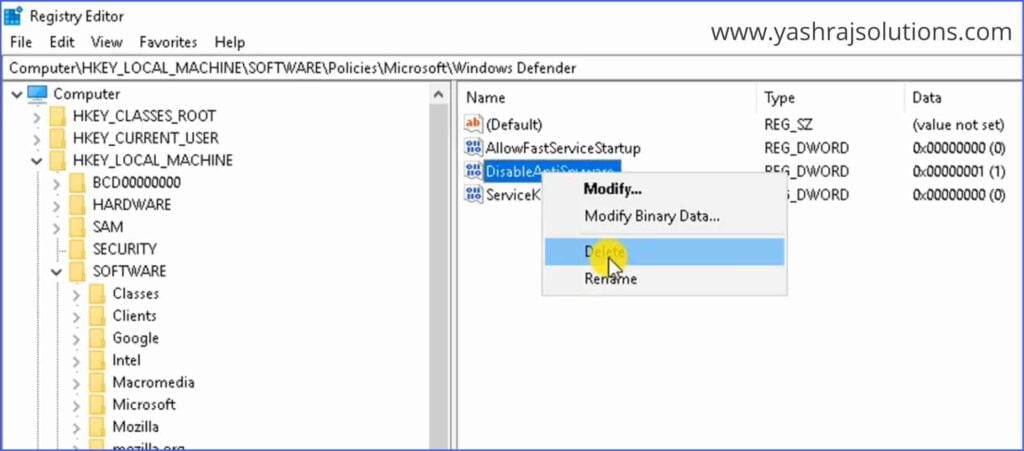 Deleting the value of DisableAntiSpyware - your virus and threat control by organization