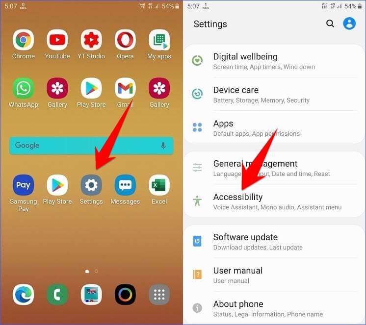 Opening mobile settings and accessibility settings - How to Remove X button from YouTube