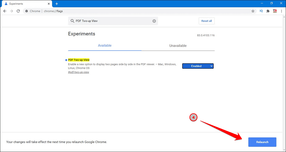 Relaunching chrome on enabling pdf two-up View feature Relauching chrome browser after Two-up view enabling