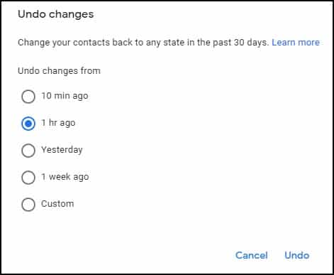 Undo Changes Window - how to restore contacts from gmail