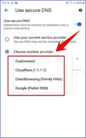 choosing another service provider of dns in android chrome Choose another service provider for dns in android chrome - chrome secure dns feature for Android
