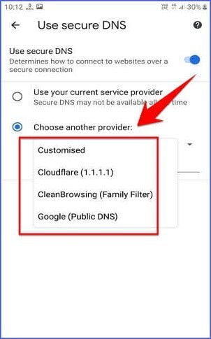 Choose another service provider for dns in android chrome - chrome secure dns feature for Android