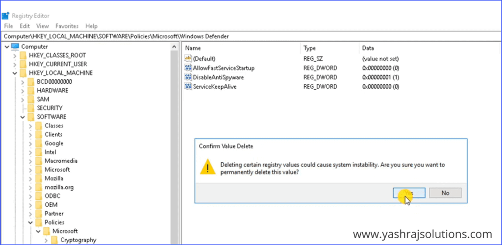 click on Yes for confirmation to delete the registry value permanently - your virus and threat control by organization