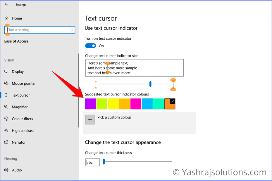 Suggested text cursor indicator colours settings in windows 10 - text cursor indicator in windows 10