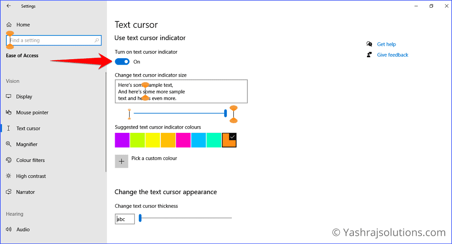 Turn on the toggle button on the text cursor indicator in windows 10 - How to Enable and Customize Text Cursor Indicator in Windows 10