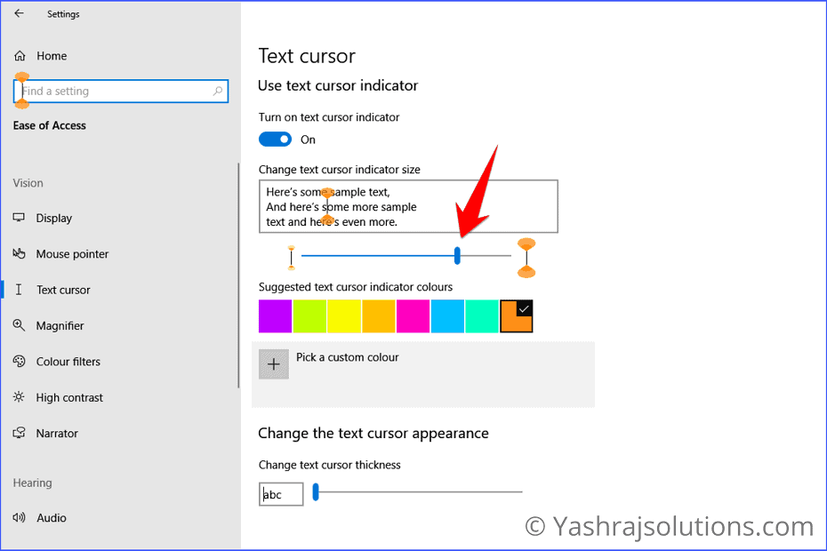 moving the text cursor indicator slider to adjust the size in windows 10 - text cursor indicator in windows 10