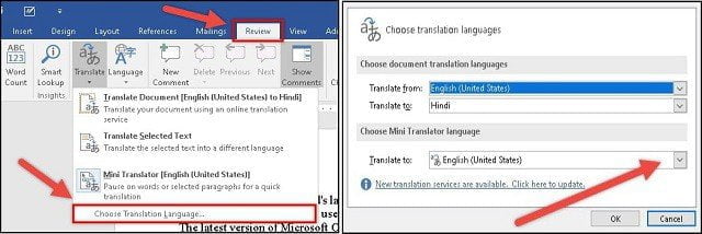 Choosing a translation language - How to Translate Word Documents