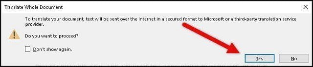 Translate the Whole Document Dialogue Box - How to Translate Word Document