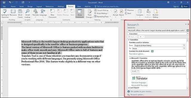 Translated Results with right-click method - Translate Word Document