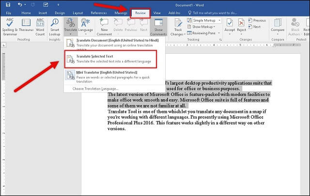 Translating Selected Text - How to Translate Word Document