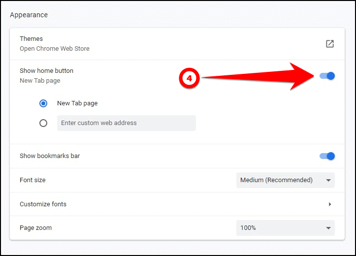 Turning on show home button toggle Turn on show home button toggle - How to Show or Hide Home Button in Google Chrome
