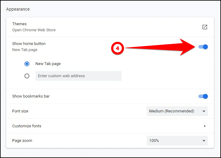 Turn on show home button toggle - How to Show or Hide Home Button in Google Chrome