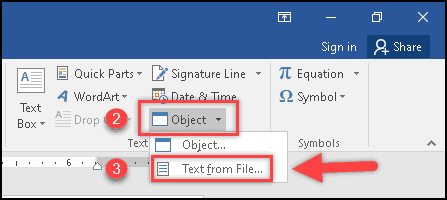 Locate the Object option in the Text section - How to Combine Word Documents into One