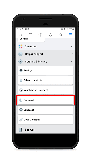 Facebook Dark mode option Turning on Facebook dark mode option