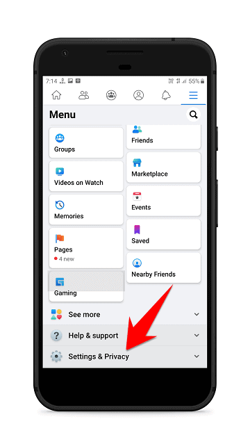 Selecting Facebook Settings and Privacy option Settings & Privacy