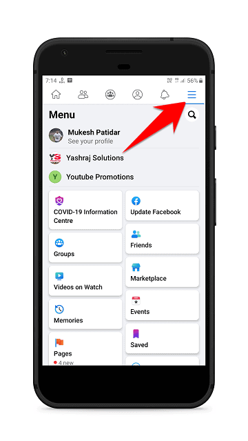 tapping the hamburger menu on Facebook Facebook hamburger menu