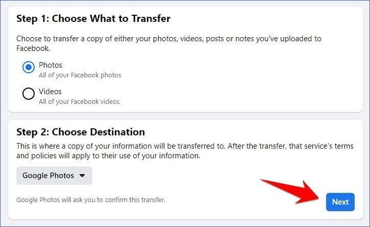 clicking on next button after choosing destination on facebook - How to transfer photos from Facebook to Google Photos