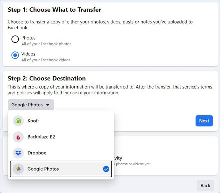 choose destination on Facebook - How to transfer photos from Facebook to Google Photos