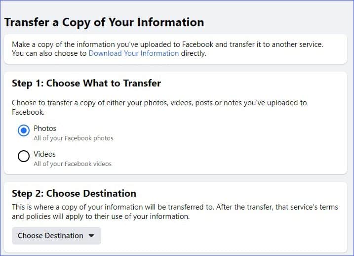 Choose what to transfer option in Facebook to transfer photos, video on Google photos or Dropbox