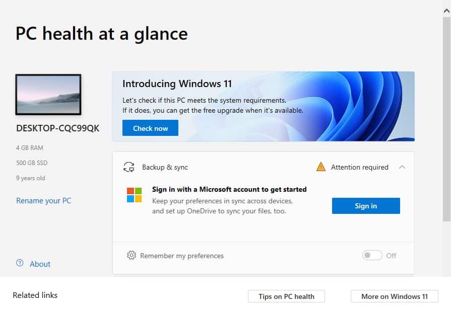 PC health at a glace window -Windows 11 System Requirements and Compatibility Checker Tool