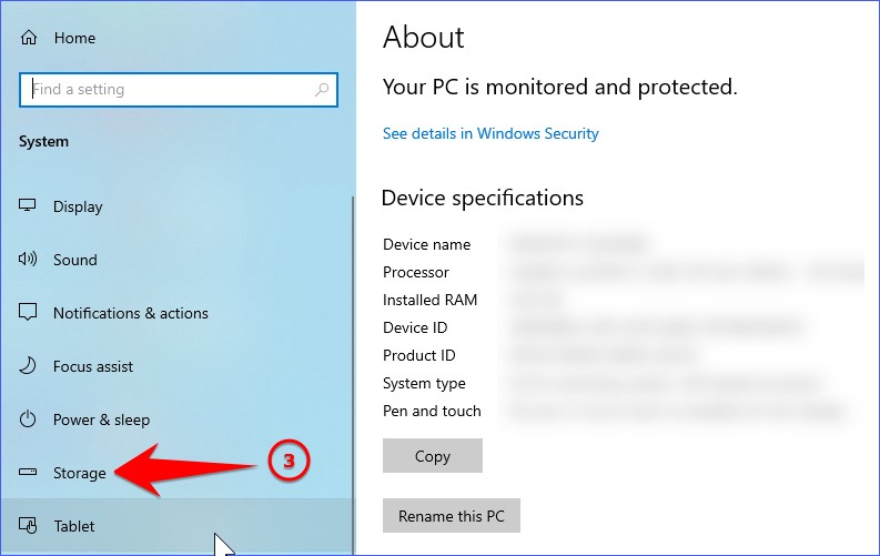 Click on Storage on the left-hand side panel Click on Storage on the left-hand side panel