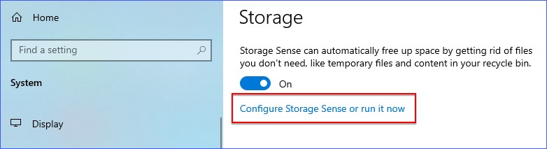 Click on Configure Storage Sense or run it.