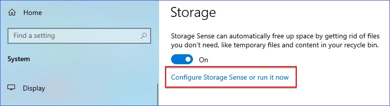 Click on Configure Storage Sense or run it. Click on Configure Storage Sense or run it