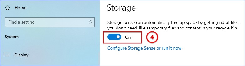 Turning on Storage Sense by switching the toggle to On position