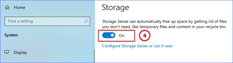 Turning on Storage Sense by switching the toggle to On position Turning on Storage Sense by switching the toggle to On position