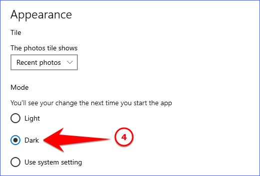 selecting dark mode option in windows 10 photos app