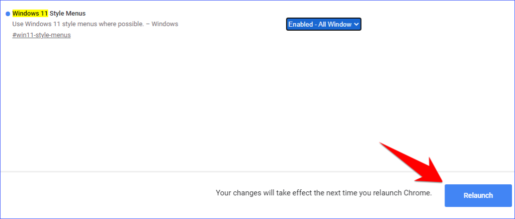 Relaunching Chrome to Enable Windows 11 Style Menus