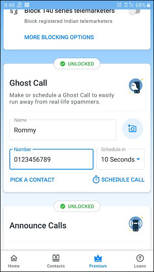 ghost call section on Truecaller