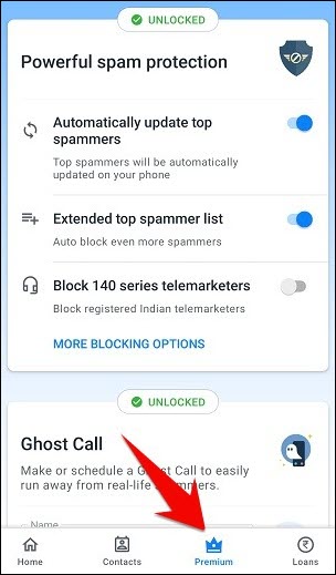 select Premium tab in Truecaller