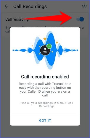 turning on call recording toggle button in Truecaller app