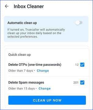 truecaller inbox cleaner automatic clean up feature