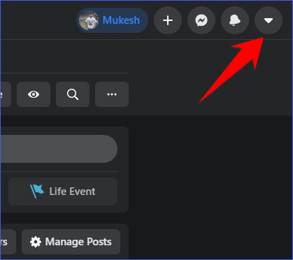 Facebook down arrow to enable dark mode on desktop