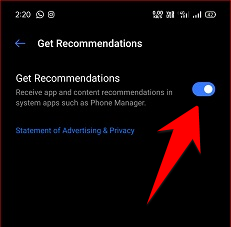 turning off realme get recommendations ads toggle button